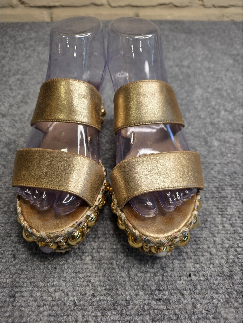 Christian Louboutin Gold Metallic Studded Wedge Slides Sandals 34 US 4 Red Sole
